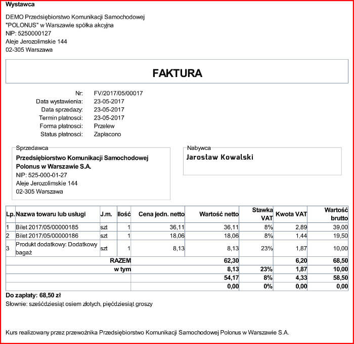 Wygląd faktury VAT za bilety