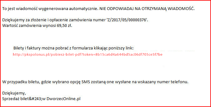 Kupione bilety znajdują się na podstronie, do której wysłaliśmy link w wiadomości