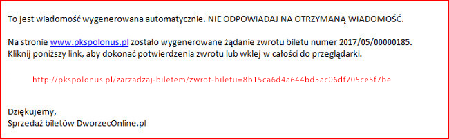 potwierdzenie zwrotu biletów